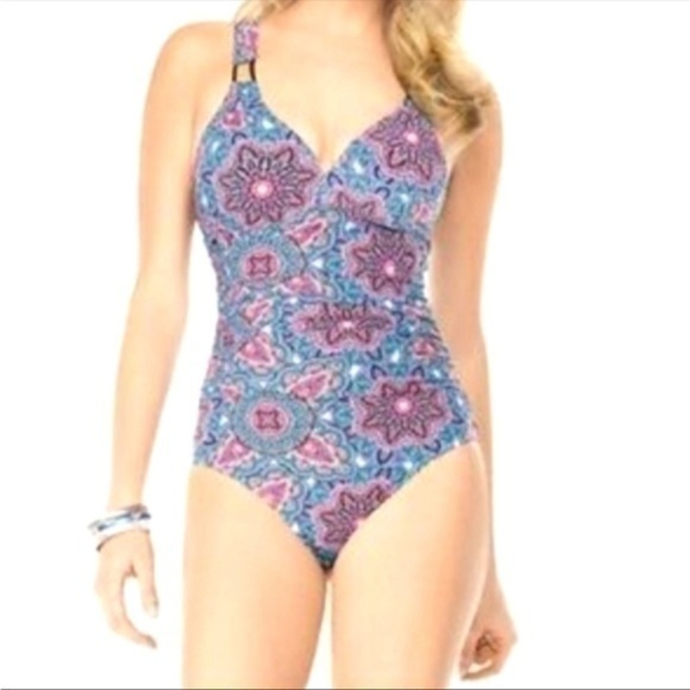 Assets by Spanx In Bloom One Piece Swimsuit Pink Purple Turquoise Blue Green L